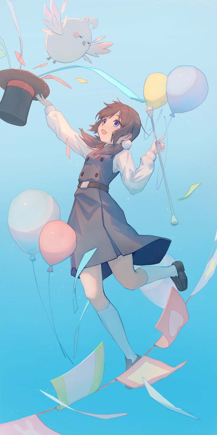 1girl :d absurdres balloon belt bird black_belt black_hair black_hat black_shoes blue_background blue_dress blue_eyes confetti dera_mochimazzui dress full_body gradient_background hair_ornament hair_over_shoulder hat highres holding holding_staff holding_unworn_clothes holding_unworn_hat jumping kitashirakawa_tamako kneehighs leg_up loafers long_hair long_sleeves looking_up low_twintails medium_dress neck_ribbon open_mouth pinafore_dress red_ribbon ribbon sanng school_uniform shirt shoes sleeveless sleeveless_dress smile socks solo staff string_of_flags tamako_market teeth top_hat twintails unworn_hat unworn_headwear upper_teeth_only white_shirt white_socks