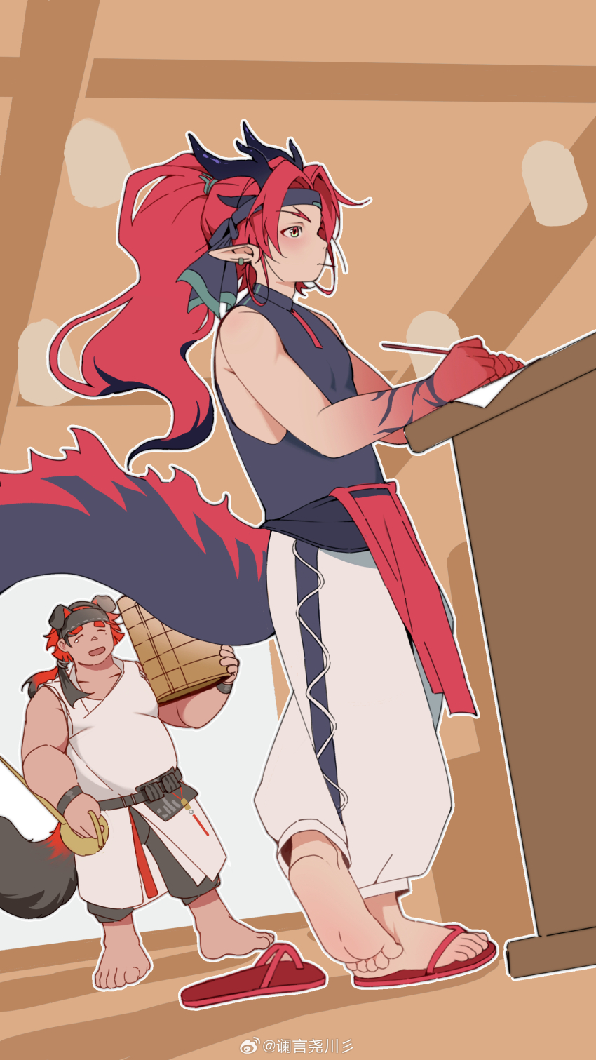 2boys absurdres animal_ears arknights bamboo_steamer barefoot belly black_headband chinese_commentary closed_eyes commentary_request dog_boy dog_ears dragon_boy dragon_ears dragon_tail earrings fat fat_man flip-flops headband highres holding_bamboo_steamer jewelry lanyan_yao_chuan_shan lao_jiang_(arknights) male_focus multicolored_hair multiple_boys pants pointy_ears sandals shirt sleeveless sleeveless_shirt tail tearing_up watermark weibo_watermark white_pants white_shirt yu_(arknights)