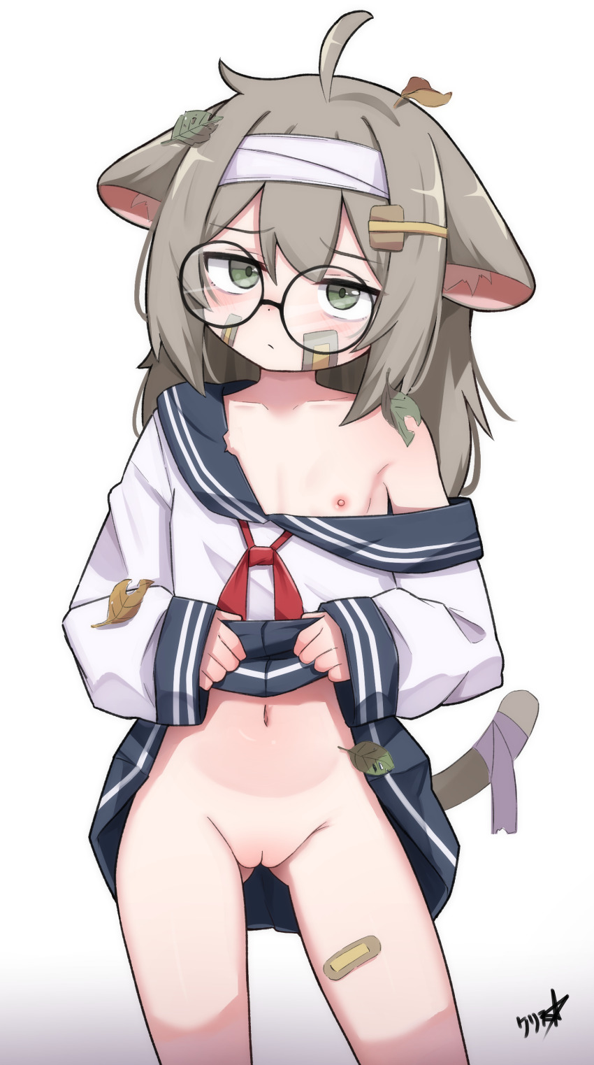 1girl absurdres ahoge animal_ears bandaid bandaid_on_face bandaid_on_leg blue_skirt boppin cleft_of_venus closed_mouth clothes_lift cowboy_shot flat_chest glasses green_eyes hair_ornament highres lifting_own_clothes loli long_sleeves looking_at_viewer navel neckerchief nipples no_panties off_shoulder original pleated_skirt pussy red_neckerchief sailor_collar school_uniform serafuku shirt signature simple_background skirt skirt_lift solo tail white_background white_shirt