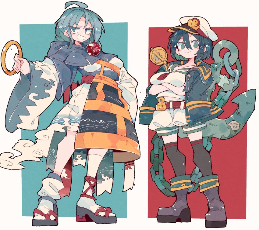2girls absurdres ahoge anchor arms_up black_footwear black_hair black_jacket black_thighhighs blue_eyes blue_hair boots border breasts closed_mouth crossed_arms full_body green_eyes hair_between_eyes hat helix highres hishaku holding hoop jacket kumoi_ichirin long_sleeves looking_at_viewer massakasama medium_breasts multiple_girls murasa_minamitsu red_background sailor sailor_hat shirt short_hair shorts smile standing thighhighs touhou sunken_fossil_world white_border white_headwear white_shirt white_shorts wide_sleeves