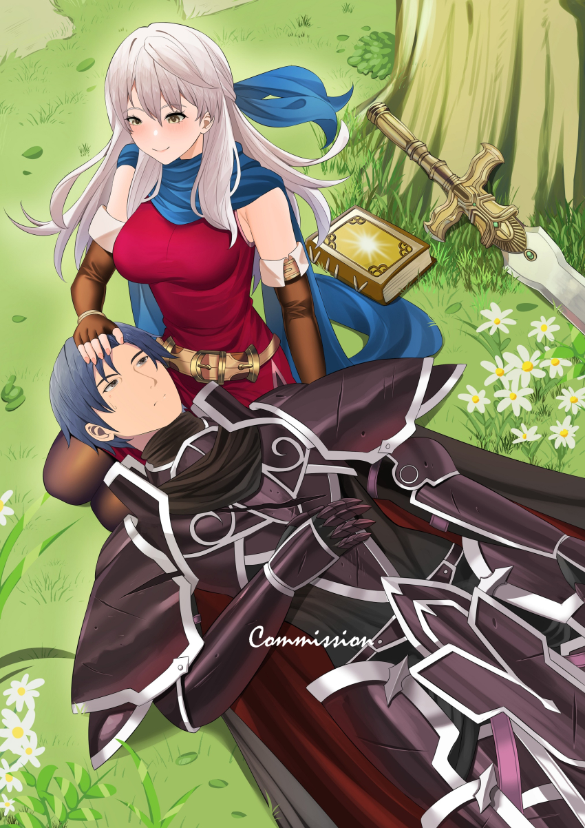 1boy 1girl absurdres armor belt black_knight_(fire_emblem) blue_hair blue_scarf blush book breasts brown_gloves closed_mouth commentary commission elbow_gloves english_commentary fingerless_gloves fire_emblem fire_emblem:_radiant_dawn genm7 gloves grey_eyes grey_trim hand_on_another&#039;s_head highres large_breasts long_hair lying micaiah_(fire_emblem) nintendo on_back on_grass scarf smile spoilers sword tree weapon white_hair yellow_eyes zelgius_(fire_emblem)