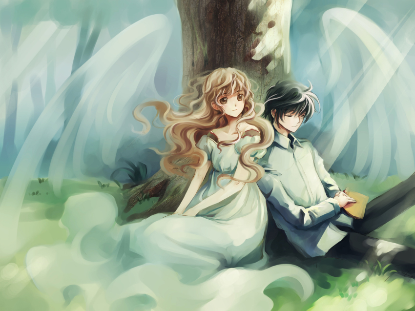 1boy 1girl angel_wings black_hair blonde_hair brown_eyes dress closed_eyes feng_you ghost highres long_hair monou_kotori shirou_kamui short_hair tree wings x_(manga)