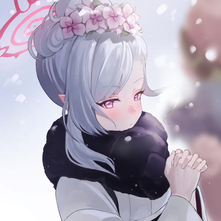 2girls aru_(blue_archive) aru_(new_year)_(blue_archive) blue_archive blurry blurry_background commentary_request flower fur-trimmed_kimono fur_trim grey_hair hair_flower hair_ornament halo highres interlocked_fingers japanese_clothes kimono looking_at_viewer medium_hair multiple_girls mutsuki_(blue_archive) mutsuki_(new_year)_(blue_archive) official_alternate_costume own_hands_together pink_eyes puke.face red_halo white_flower