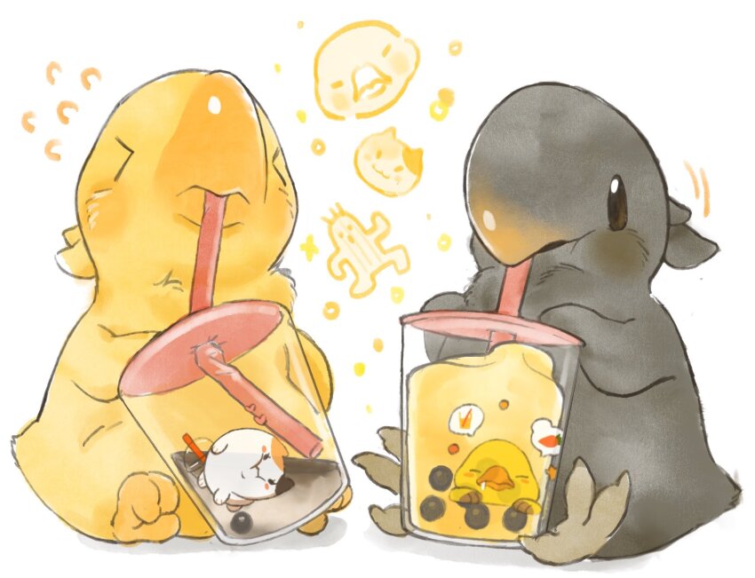 &gt;_&lt; bird black_bird black_eyes black_feathers bubble_tea chocobo dis4tardis drinking drinking_straw fat_cat_(ff14) fat_chocobo feathers final_fantasy final_fantasy_xiv full_body highres no_humans sabotender sitting white_background yellow_bird yellow_feathers