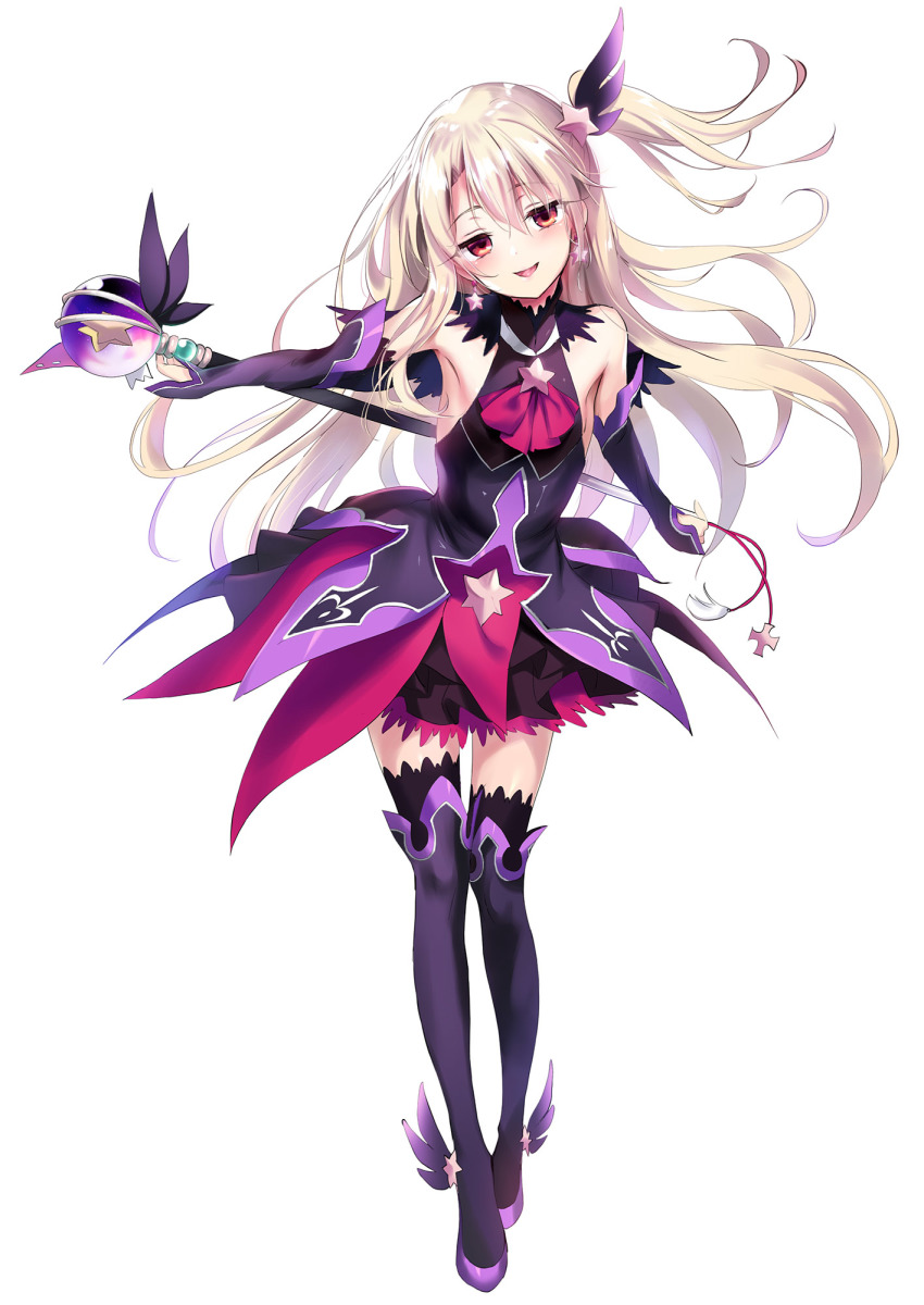 1girl bare_shoulders black_skirt blush breasts detached_sleeves dress earrings fate/grand_order fate/kaleid_liner_prisma_illya fate_(series) full_body hair_between_eyes hair_ornament highres illyasviel_von_einzbern jewelry layered_skirt long_hair looking_at_viewer one_side_up open_mouth prisma_illya purple_dress purple_thighhighs red_eyes red_skirt sidelocks skirt small_breasts smile solo star_(symbol) star_earrings testament_(fate) thighhighs wand white_hair youta