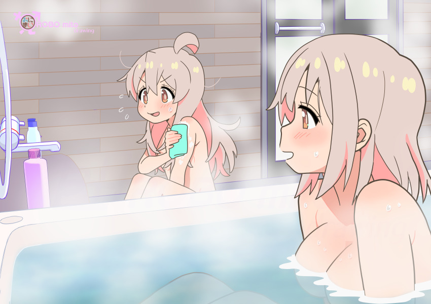 2girls :d absurdres ahoge bathing bathroom blush breasts brown_eyes colored_inner_hair commentary completely_nude flying_sweatdrops grey_hair hair_between_eyes highres huge_filesize indoors large_breasts loli long_hair medium_hair mother_and_daughter multicolored_hair multiple_girls nude onii-chan_wa_oshimai! open_mouth oyama_mahiro oyama_matsuri partially_submerged pink_hair robomito shampoo_bottle sitting smile steam two-tone_hair v-shaped_eyebrows water