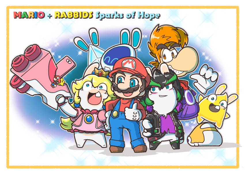 3boys 3girls absurdres android beep-0 black_hair blonde_hair brooch brown_hair cellphone charisuke copyright_name crossover earrings edge_(mario_+_rabbids) facial_hair gloves green_hair highres holding holding_weapon jeannie_(mario_+_rabbids) jewelry mario mario_(series) mario_+_rabbids_sparks_of_hope multicolored_hair multiple_boys multiple_crossover multiple_girls mustache nintendo phone rabbid rabbid_luma rabbid_peach raving_rabbids rayman rayman_(series) robot smartphone two-tone_hair weapon white_gloves