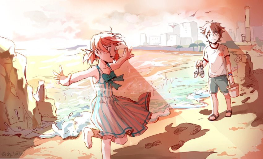 beach digimon digimon_xros_wars hinomoto_akari kudou_taiki tagme