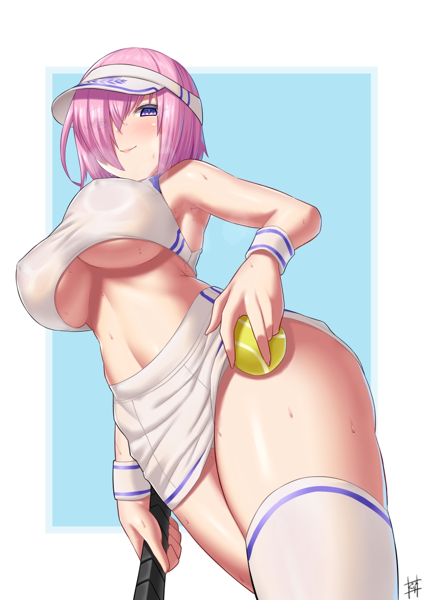 1girl absurdres ball bare_shoulders blush breasts closed_mouth fate/grand_order fate_(series) guriguri_(arayotto4351) hair_over_one_eye hat highres large_breasts looking_at_viewer mash_kyrielight miniskirt navel purple_eyes purple_hair racket shirt short_hair skirt smile solo sports_bra sportswear sweat tennis_ball tennis_racket tennis_uniform thighhighs thighs underboob visor_cap white_hat white_shirt white_sports_bra white_thighhighs wristband