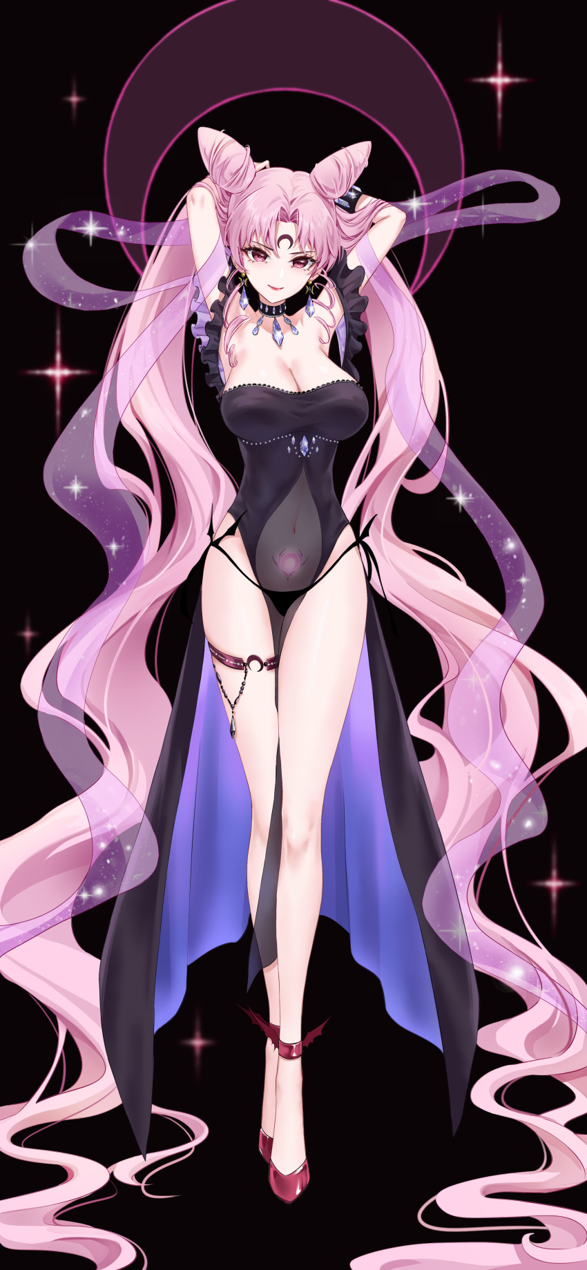 1girl absurdly_long_hair absurdres anklet armpits arms_behind_head arms_up bat_wings bishoujo_senshi_sailor_moon black_background black_lady_(sailor_moon) black_panties bracelet breasts chibi_usa cleavage crescent crescent_facial_mark curtained_hair double_bun dress earrings facial_mark frilled_thigh_strap glowing_tattoo hair_bun highres jewelry jie_tou_deng_shan_ke large_breasts long_hair looking_at_viewer no_nose panties parted_bangs pendant_choker pink_eyes pink_hair pubic_tattoo see-through_clothes see-through_dress side-tie_panties simple_background sparkle tattoo thigh_strap twintails underwear very_long_hair wings