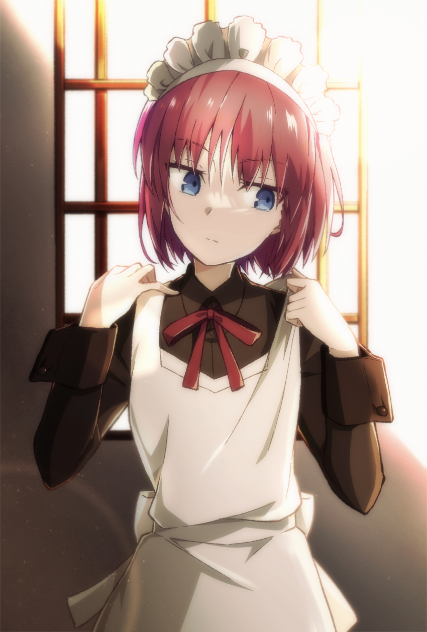 1girl apron azami_masurao blue_eyes brown_dress closed_mouth commentary_request dress highres hisui_(tsukihime) indoors long_sleeves looking_away maid maid_apron maid_headdress neck_ribbon red_hair red_ribbon ribbon short_hair solo sunlight tsukihime white_apron window