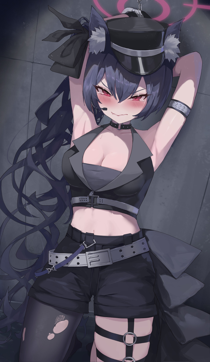 1girl absurdres animal_ear_fluff animal_ears arm_strap armpits arms_up belt belt_around_waist black_choker black_hair black_pantyhose black_shorts blue_archive blush breasts cat_ears choker crop_top halo hat highres idol_clothes long_hair looking_at_viewer mouthpiece navel nekoplanetouo official_alternate_costume official_alternate_hairstyle pantyhose peaked_cap pink_halo red_eyes red_halo restrained serika_(blue_archive) serika_(idol)_(blue_archive) shorts solo thigh_strap white_belt