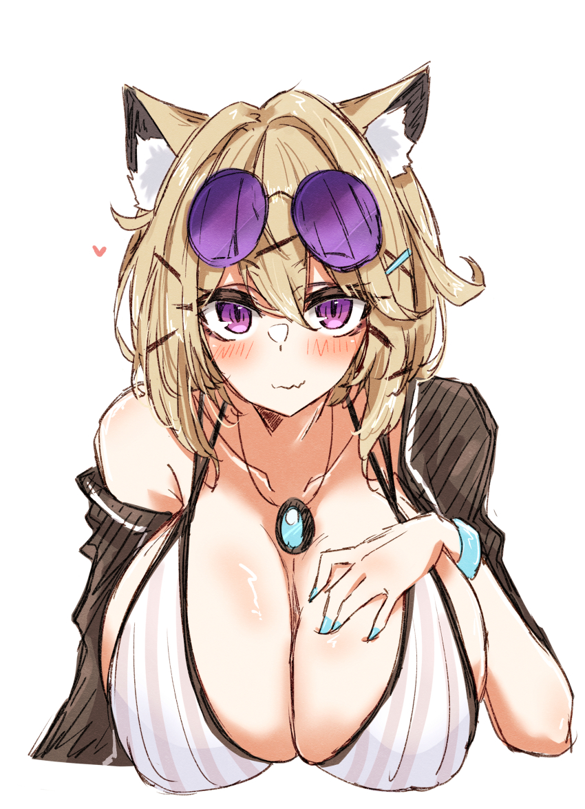 1girl absurdres animal_ear_fluff animal_ears arknights bikini blonde_hair blue_nails blush breast_suppress breasts cleavage collarbone commentary_request cropped_torso eyewear_on_head fingernails hair_between_eyes hair_intakes hair_ornament hairclip heart highres huge_breasts jewelry maiq06 nail_polish official_alternate_costume one-hour_drawing_challenge pendant purple-tinted_eyewear purple_eyes round_eyewear short_hair simple_background sketch solo swimsuit tinted_eyewear utage_(arknights) utage_(summer_flowers)_(arknights) white_background white_bikini