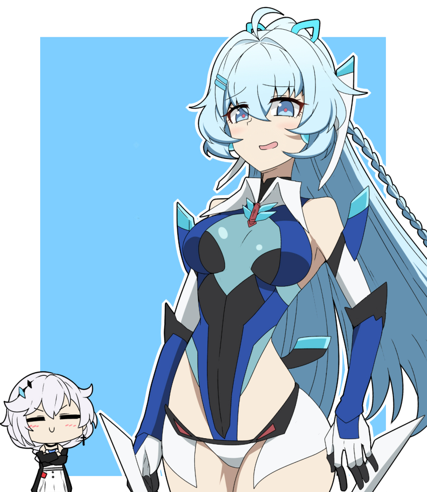 2girls :d ahoge bare_shoulders black_jacket blue_background blue_eyes blue_gloves blue_hair blue_leotard border braid braided_ponytail breasts closed_eyes closed_mouth cosplay crossed_arms dress earrings elbow_gloves gloves hair_ornament highleg highleg_leotard highres honkai_(series) honkai_impact_3rd jacket jewelry kallen_kaslana kallen_kaslana_(sin_hunter) kazanari_tsubasa kazanari_tsubasa_(cosplay) leotard long_hair medium_breasts multiple_girls nabeiro_kin open_mouth senki_zesshou_symphogear shigure_kira single_earring smile very_long_hair white_border white_dress white_hair
