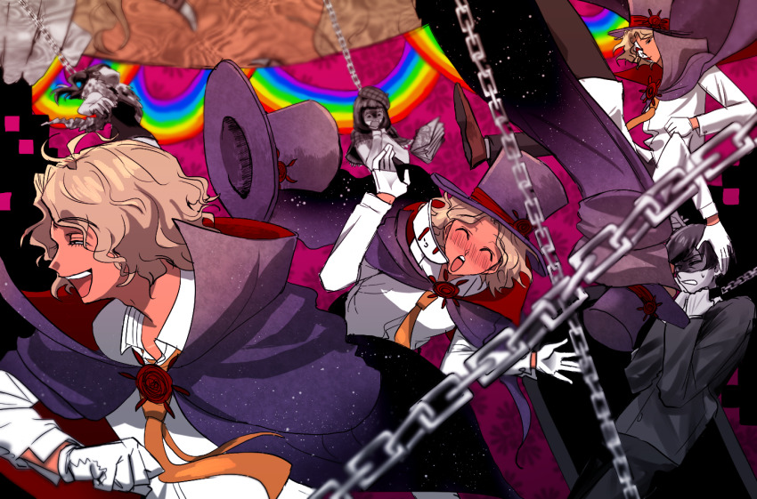 2boys 2girls ^_^ beret black_pants blazer blonde_hair blush brooch brown_footwear buttons cape capelet chain chain_around_neck clenched_teeth closed_eyes cocktail_dress collared_cape collared_shirt commentary_request danganronpa_(series) danganronpa_another dress flower flower_brooch fur_scarf gloves grabbing_own_neck half_mask happy hat hat_flower high_collar jacket kabuya_yoruko layered_sleeves long_hair long_sleeves maeda_yuki mask multiple_boys multiple_girls multiple_views necktie nijiue_iroha open_mouth orange_necktie pants partially_colored pink_background pipipyoco plaid_capelet plaid_clothes plaid_headwear purple_cape purple_hat rainbow red_cape red_flower red_rose rose sannoji_mikado shirt shoes short_dress short_hair side_ponytail sketchbook smile socks space_print spoilers starry_sky_print super_danganronpa_another_2 sweater sweater_dress tan teeth top_hat turn_pale two-sided_cape two-sided_fabric upper_teeth_only wavy_hair wavy_mouth white_gloves white_mask white_shirt white_socks wide-eyed