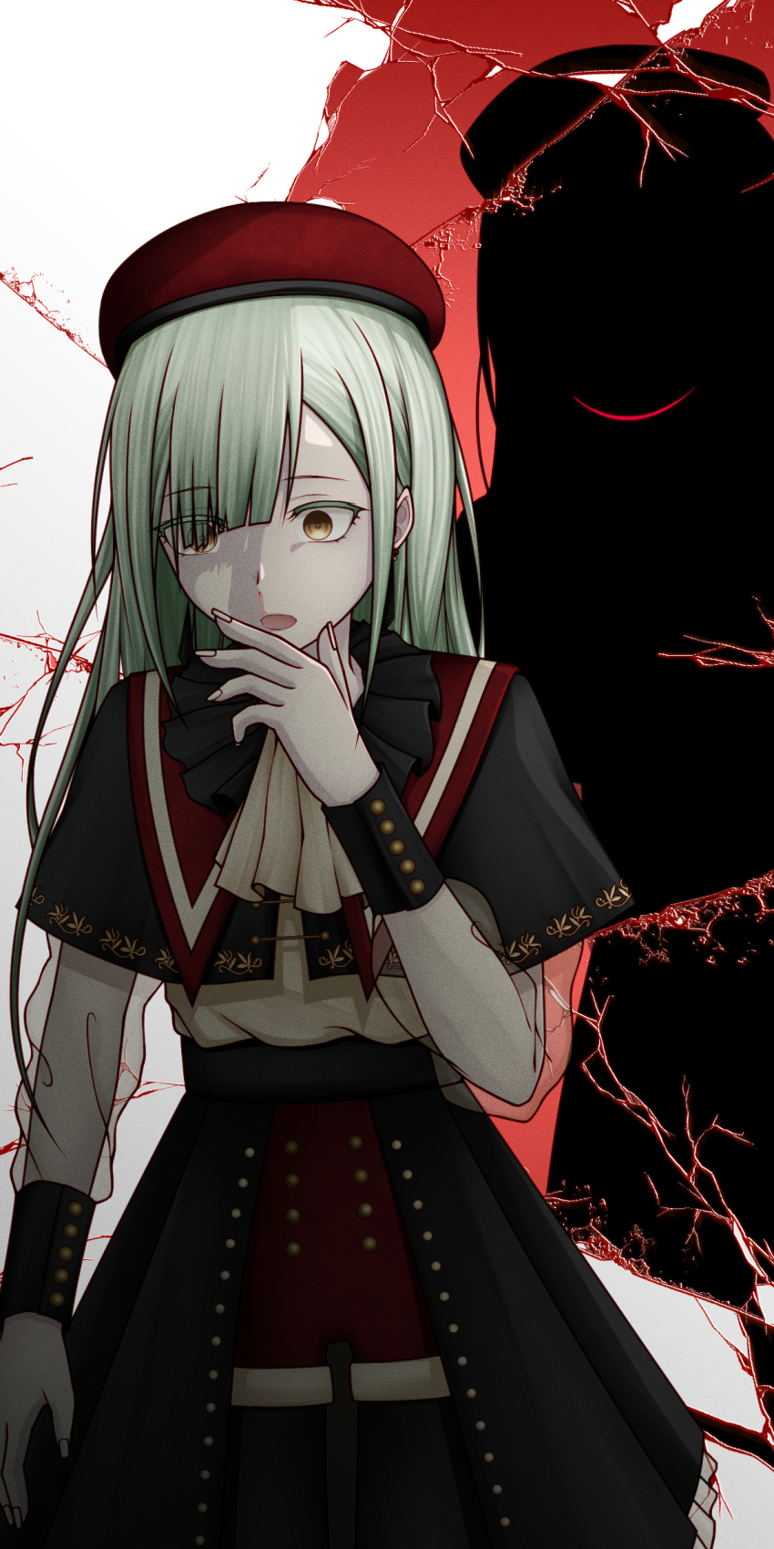 2girls absurdres bang_dream! bang_dream!_it&#039;s_mygo!!!!! beret bilingual_commentary broken_glass clea_ekos commentary dual_persona evil_smile glass green_hair hat highres long_hair mixed-language_commentary mortis_(bang_dream!) mortis_(costume)_(bang_dream!) mortis_(persona)_(bang_dream!) multiple_girls open_mouth red_hat shadow smile wakaba_mutsumi yellow_eyes