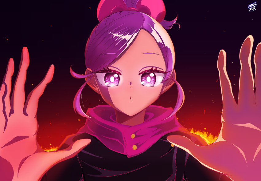 1girl absurdres artist_name bow cosplay dot_nose fiery_background fire froz_tsuyoken gakuran hair_bow high_ponytail highres hood hood_down itadori_yuuji itadori_yuuji_(cosplay) jujutsu_kaisen kimi_no_koto_ga_dai_dai_dai_dai_daisuki_na_100-nin_no_kanojo momi_momiji palms parted_lips pink_bow ponytail purple_eyes purple_hair school_uniform