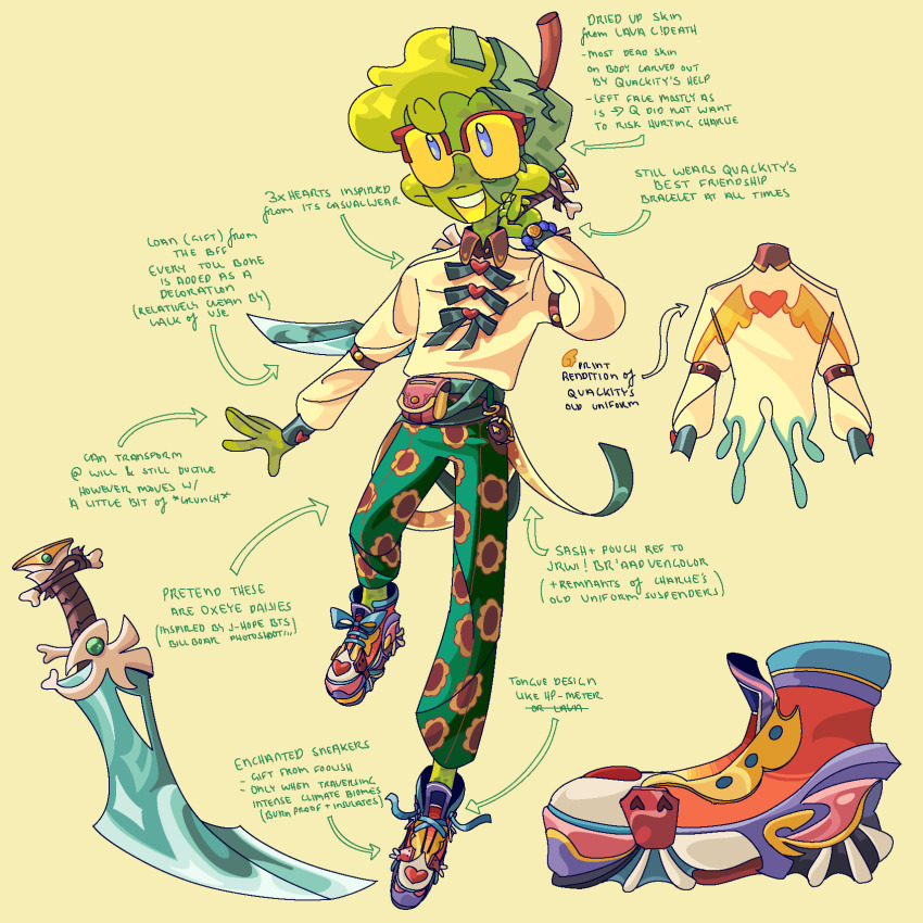 1boy alienssstufff alternate_costume blue_eyes reference_sheet colored_skin commentary dream_smp english_commentary english_text floral_print flower friendship_bracelet full_body glasses green_hair green_pants green_skin hand_up heart heart_print highres holding holding_sword holding_weapon long_sleeves looking_at_viewer male_focus minecraft_youtube monster_boy multicolored_shoes notes open_mouth pants print_pants print_shirt shirt shoes short_hair slime_(substance) slime_boy slimecicle sneakers solo standing stick sunflower sword weapon white_shirt wing_print yellow_background