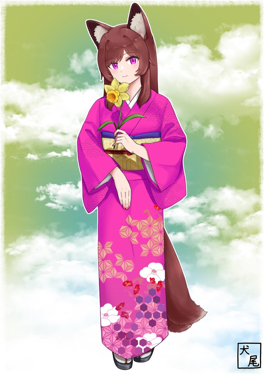 1girl absurdres animal_ear_fluff animal_ears brown_hair cloud_background commentary commission daffodil dot_nose english_commentary flower fox_ears fox_girl fox_tail full_body green_background highres holding holding_flower indie_virtual_youtuber japanese_clothes kimono kitsykitsune light_blush light_smile long_hair long_sleeves looking_at_viewer murakami_kou_(raye) nail_polish obi orange_nails outline pink_eyes pink_kimono sash second-party_source simple_background skeb_commission solo tail virtual_youtuber white_outline wide_sleeves