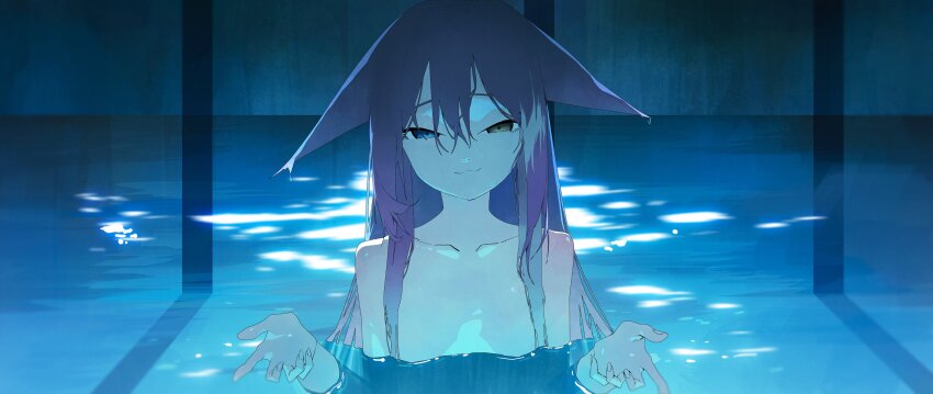 1girl absurdres animal_ears blue_eyes brown_eyes closed_mouth collarbone danjdung double-parted_bangs droopy_ears fingernails fox_ears fox_girl hair_between_eyes hands_up hashtag-only_commentary heterochromia highres i&#039;ll_teach_you_everything_(chainsaw_man) long_bangs looking_at_viewer meme nude partially_submerged pool scene_reference smile solo stellive tenko_shibuki upper_body virtual_youtuber water wet wet_hair