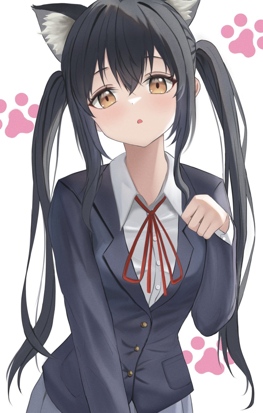 1girl absurdres animal_ear_fluff animal_ears black_hair blazer blouse cat_ears collared_shirt dress_shirt grey_skirt hair_between_eyes head_tilt highres jacket k-on! kemonomimi_mode long_hair long_sleeves looking_at_viewer nakano_azusa neck_ribbon open_mouth paw_pose paw_print paw_print_background pleated_skirt red_ribbon ribbon sakuragaoka_high_school_uniform school_uniform shirt skirt solo standing ttusee5 twintails very_long_hair white_background white_shirt wing_collar yellow_eyes