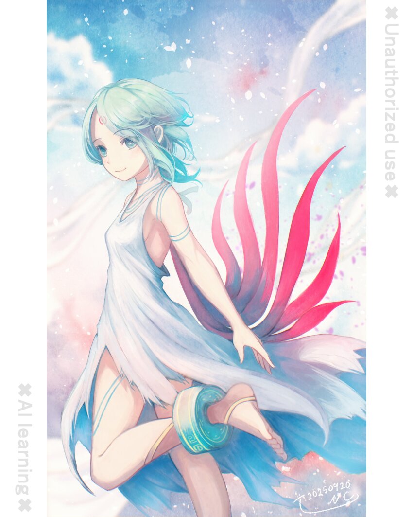 1girl absurdres anklet barefoot breath_of_fire breath_of_fire_v closed_mouth dated dress facial_mark foot_out_of_frame full-body_tattoo green_hair hair_over_one_eye highres jewelry nina_(breath_of_fire_v) red_wings short_hair smile solo tattoo watermark white_dress wings yuga-kusakata