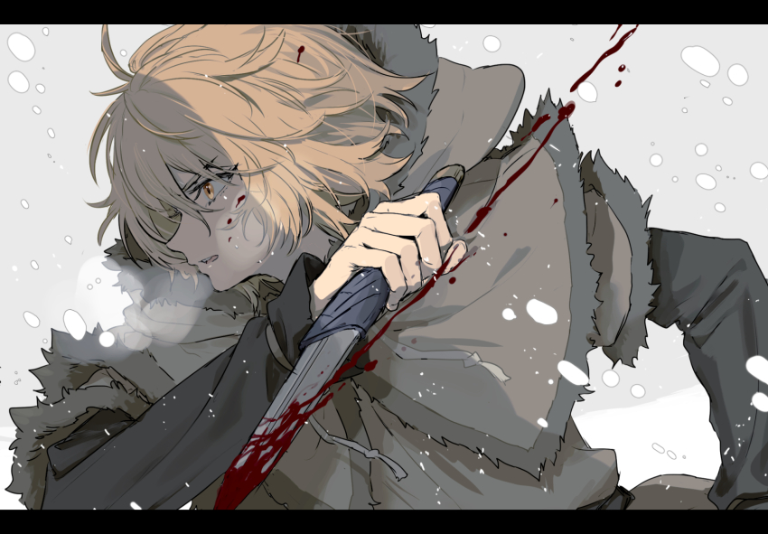 1boy blonde_hair blood brown_eyes dagger fur_trim highres holding holding_weapon knife male_focus messy_hair short_hair solo tamaon_2525 thorfinn viking vinland_saga weapon
