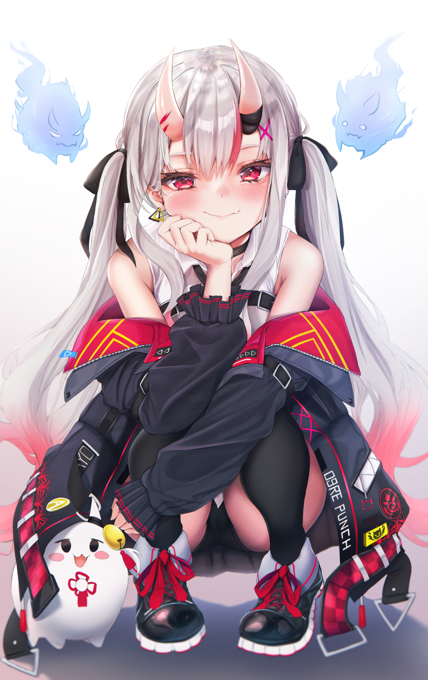 1girl absurdres bare_shoulders black_choker black_footwear black_jacket black_panties black_ribbon black_thighhighs blush choker closed_mouth commentary_request fang full_body grey_hair hair_ornament hair_ribbon head_rest highres hololive horns jacket karma_(nakiri_ayame) long_hair long_sleeves looking_at_viewer multicolored_hair nakiri_ayame nakiri_ayame_(streetwear) off_shoulder official_alternate_costume open_clothes open_jacket panties pantyshot poyoyo_(nakiri_ayame) red_eyes red_hair ribbon shiranui_(nakiri_ayame) shirt skin-covered_horns skin_fang sleeveless sleeveless_shirt sleeves_past_wrists solo squatting streaked_hair terra_bose thighhighs twintails underwear virtual_youtuber white_shirt x_hair_ornament
