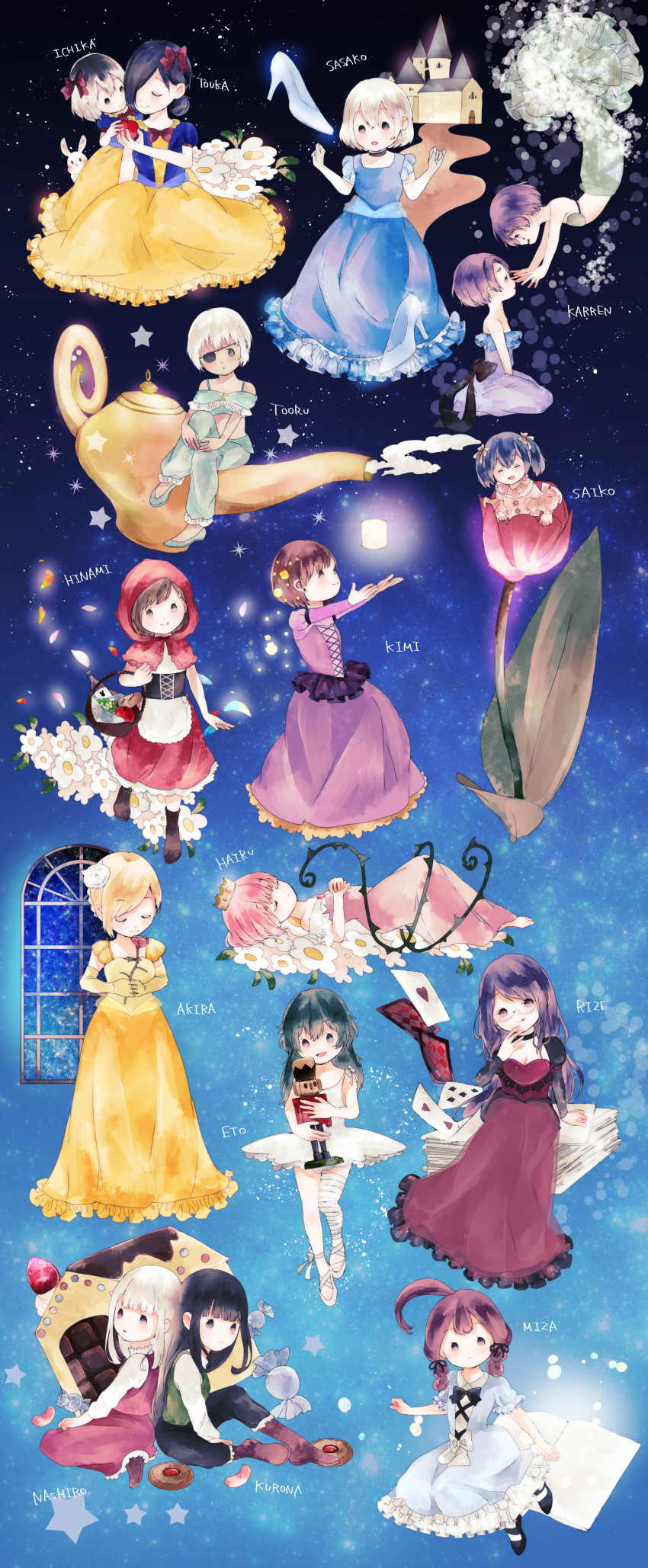 1boy 6+girls absurdres ahoge alice_(alice_in_wonderland) alice_(alice_in_wonderland)_(cosplay) alice_in_wonderland alternate_costume apple bad_id bad_pixiv_id bare_shoulders bikini black_footwear black_hair blonde_hair bow card castle character_name chibi chocolate closed_eyes commentary_request copyright_request cosplay crossdressing dark-skinned_female dark_skin dress eto_(tokyo_ghoul) eyepatch flower food frilled_dress frills from_side fruit fueguchi_hinami hair_bow hands_up hansel_and_gretel highres holding holding_food holding_fruit hood hood_up huge_filesize ihei_hairu kamishiro_rize kanae_von_rosewald kaneki_ichika kaneki_ken kirishima_touka kusakari_miza light little_red_riding_hood little_red_riding_hood_(grimm) little_red_riding_hood_(grimm)_(cosplay) long_hair long_sleeves lying mado_akira medium_hair mermaid monster_girl multiple_girls mutsuki_tooru nishino_kimi nutcracker on_back outstretched_arms pink_hair playing_card purple_dress queen_of_hearts_(alice_in_wonderland) red_bow red_flower reference_request seiza short_hair sitting sleeping sleeping_beauty smile snow_white snow_white_and_the_seven_dwarfs standing star_(symbol) swimsuit the_nutcracker thorns tokyo_ghoul tokyo_ghoul:re toukaairab white_dress white_flower window yasuhisa_kurona yasuhisa_nashiro yellow_dress yonebayashi_saiko