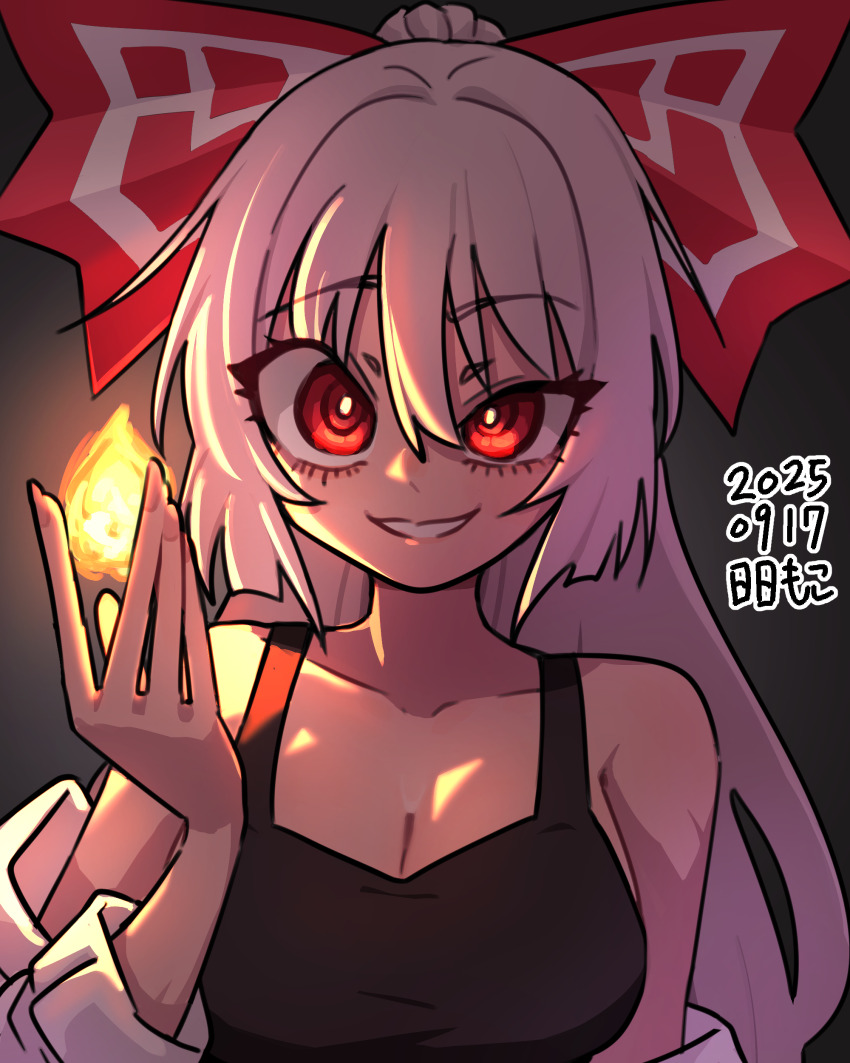 1girl absurdres bare_shoulders black_tank_top bow breasts bright_pupils cleavage collarbone commentary_request dated eyelashes fire fujiwara_no_mokou grey_background grey_hair grin hair_between_eyes hair_bow highres long_hair medium_breasts neophyte off_shoulder ponytail pyrokinesis red_bow red_eyes shirt sidelighting smile solo tank_top touhou upper_body white_bow white_pupils white_shirt