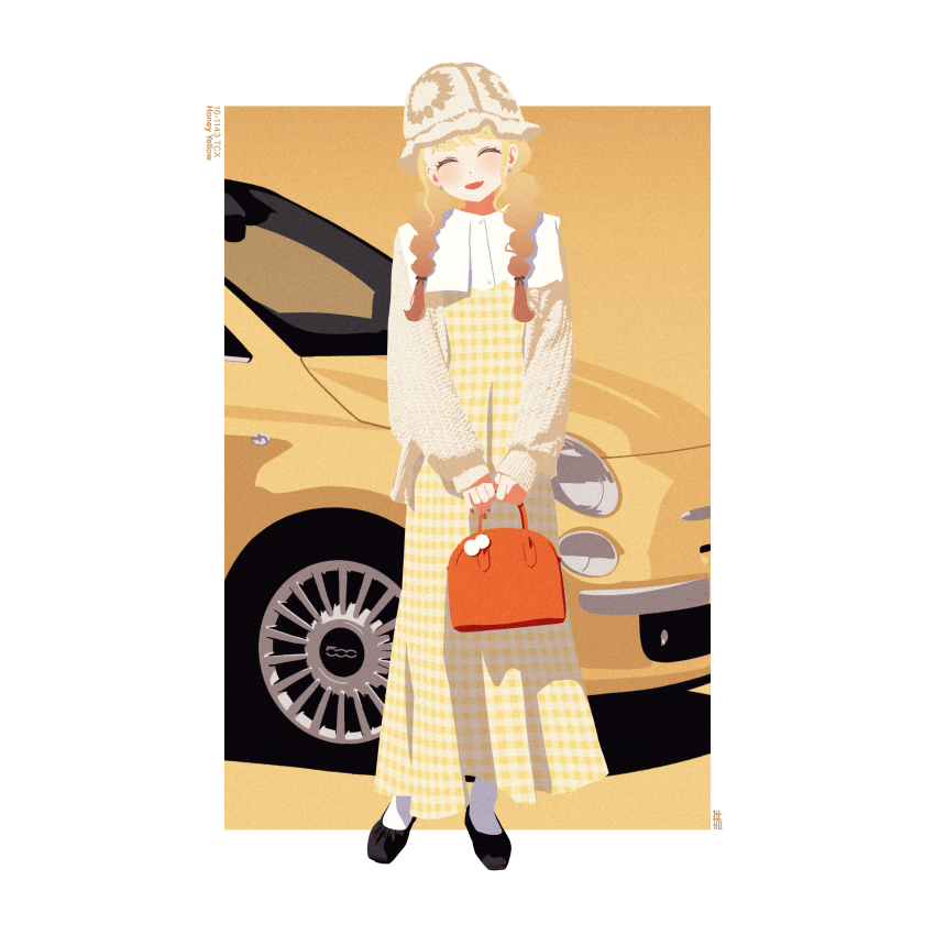 1girl :d absurdres bag black_shoes blonde_hair braid brown_hat brown_sweater car closed_mouth commentary dress fiat fiat_500 fujita_kotone full_body gakuen_idolmaster handbag hat highres holding holding_bag idolmaster kisshou_(georgie_san) loafers long_hair long_sleeves motor_vehicle no_lineart open_mouth orange_bag pantyhose plaid_clothes plaid_dress puffy_long_sleeves puffy_sleeves shoes smile solo sweater symbol-only_commentary twin_braids white_pantyhose yellow_car yellow_dress yellow_theme