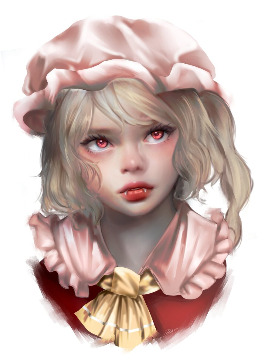 1girl ascot bad_id bad_twitter_id blonde_hair collared_shirt commentary cropped_shoulders english_commentary eyelashes fangs flandre_scarlet frilled_headwear frilled_shirt_collar frills hat highres light_blush lipstick long_hair looking_up luo_qiangwei makeup mob_cap parted_lips realistic red_eyes red_lips red_vest shirt side_ponytail simple_background solo teeth touhou vest white_background white_hat white_shirt yellow_ascot