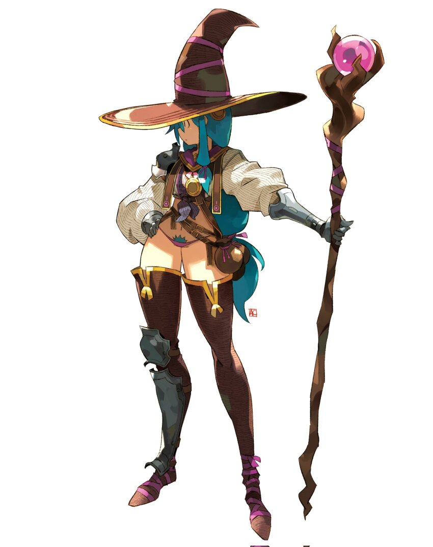 1girl andrewcockroach armor asymmetrical_legwear belt_pouch blue_hair blue_pubic_hair bottomless colored_pubic_hair commentary english_commentary female_pubic_hair gauntlets greaves hat highres holding holding_staff long_hair low_ponytail mage_staff midriff original pauldrons ponytail pouch pubic_hair pubic_hair_peek puffy_sleeves ribbon shirt shoulder_armor signature single_greave single_pauldron staff thighhighs tied_shirt white_background witch_hat