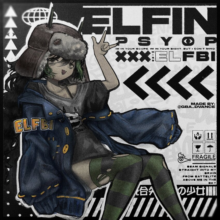 1girl bandaid_on_chest black_hair black_horns black_thighhighs blue_jacket bug character_name elf elfinpsyop fang gba_dvance green_hair green_thighhighs grey_eyes grey_hat grey_shirt hat highres horns indie_virtual_youtuber jacket long_hair open_mouth pointy_ears shirt solo striped_clothes striped_thighhighs thighhighs torn_clothes torn_thighhighs two-tone_thighhighs ushanka virtual_youtuber
