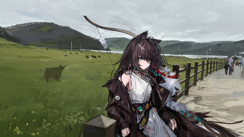 1girl absurdres animal animal_ears arknights bare_shoulders bow_(weapon) brown_coat brown_hair chinese_commentary clip_studio_paint_(medium) closed_mouth coat commentary_request dress eyes_visible_through_hair grass grey_sky hair_between_eyes highres leaning long_hair long_sleeves lunacub_(arknights) making-of_available off_shoulder outdoors overcast plant qingfeng_canying railing rural sketch sky sleeveless sleeveless_dress standing video_thumbnail weapon white_dress wooden_railing yellow_eyes