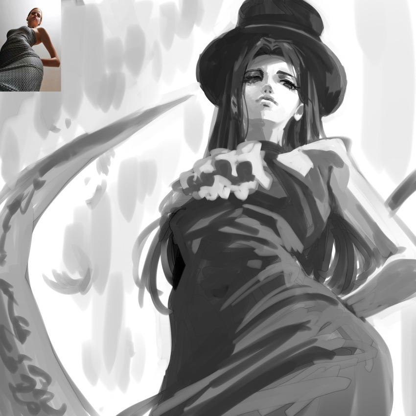 1other absurdres ascot bare_shoulders black_hair closed_mouth cylinder dress greyscale guilty_gear guilty_gear_strive hat highres holding holding_scythe lampopo long_hair looking_at_viewer looking_down monochrome scythe simple_background sketch solo solo_focus standing testament_(guilty_gear) white_background