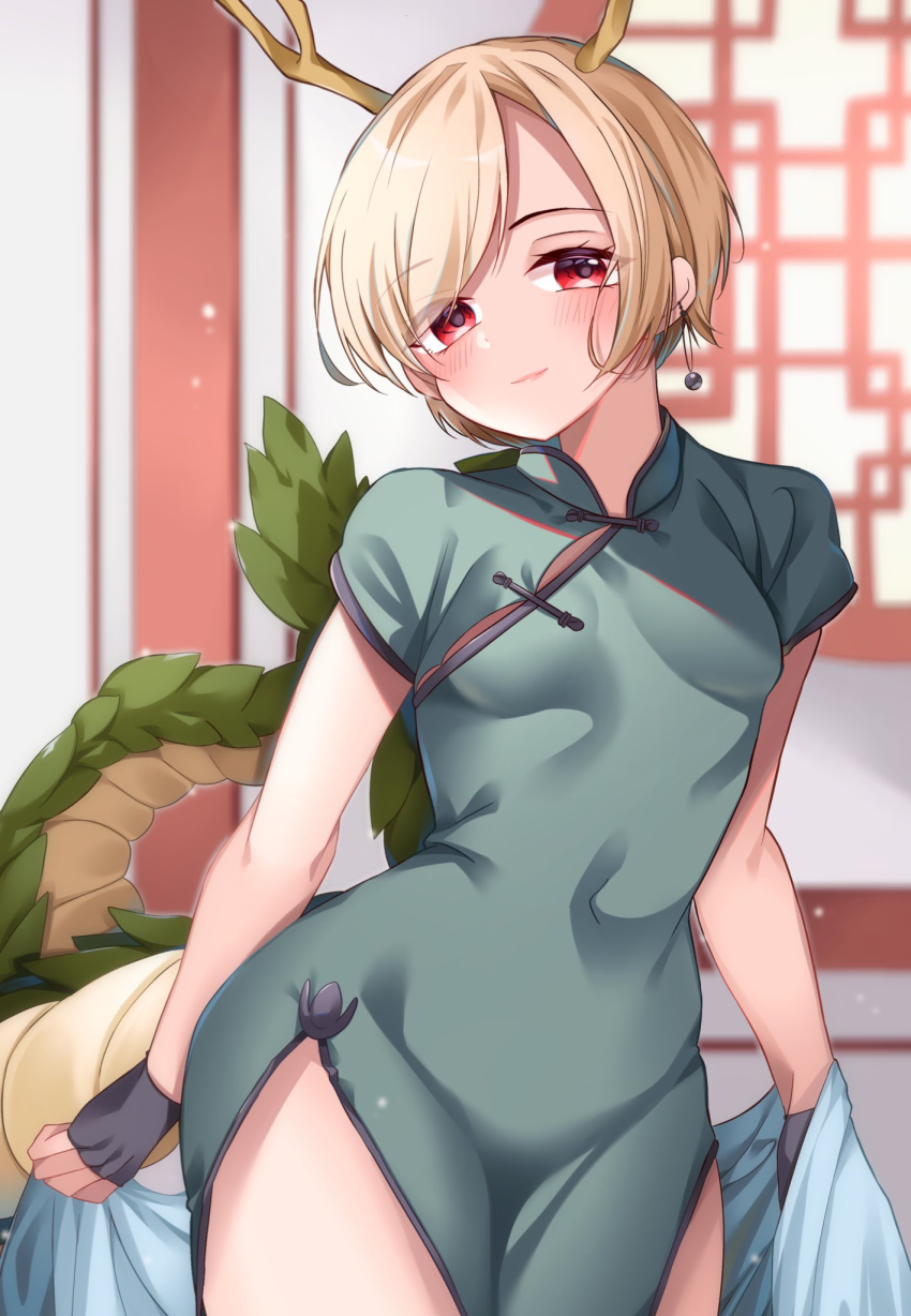 1girl alternate_costume antlers black_gloves blonde_hair blue_dress blurry blurry_background blush breasts china_dress chinese_clothes closed_mouth commentary_request covered_navel cowboy_shot dragon_girl dragon_horns dragon_tail dress earrings eyes_visible_through_hair fingerless_gloves gloves green_scales highres horns indoors jewelry kicchou_yachie light_smile looking_at_viewer meimei_(meimei89008309) pelvic_curtain red_eyes shawl short_hair short_sleeves side_slit small_breasts solo tail touhou turtle_shell yellow_horns yellow_scales