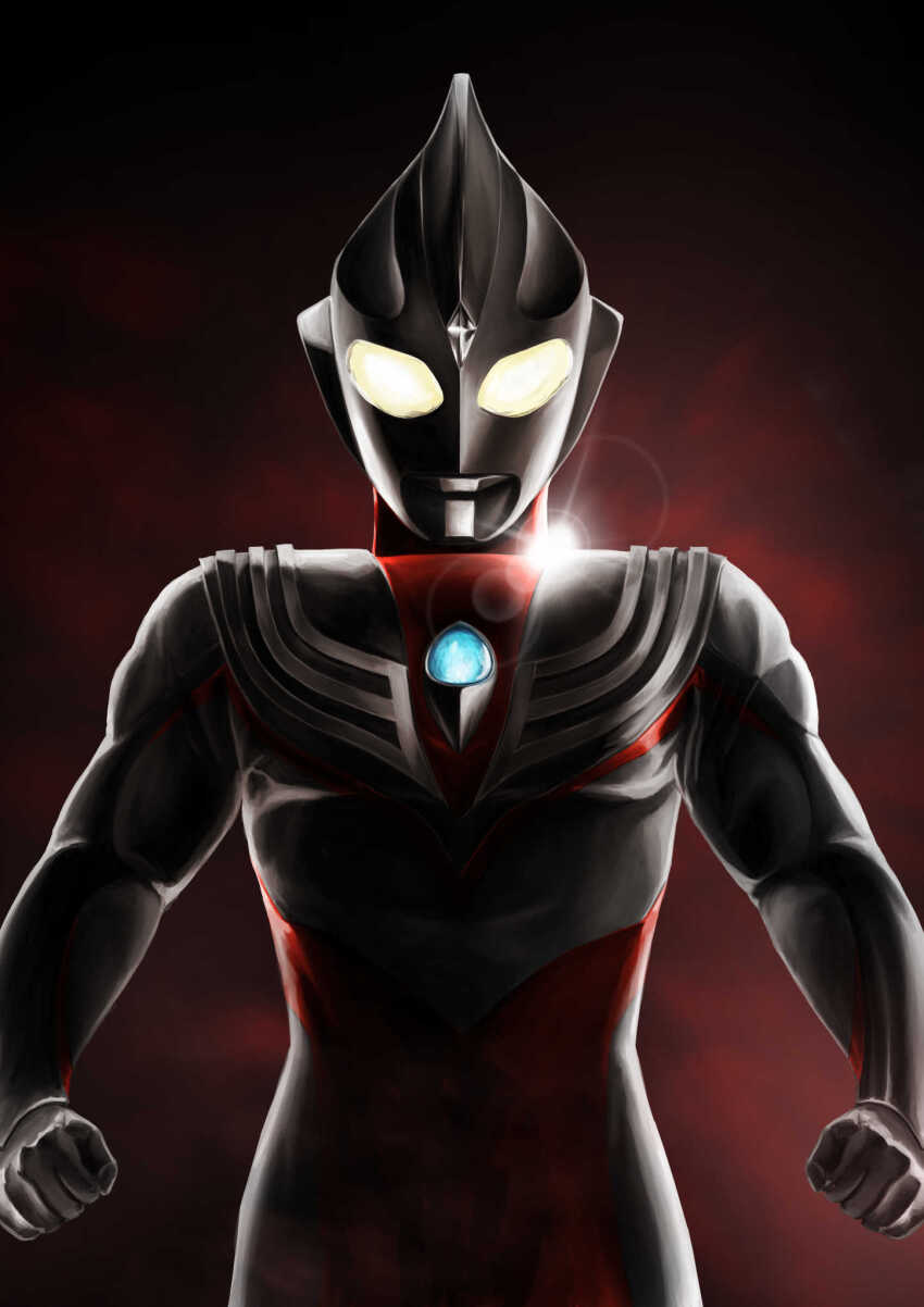 1boy alien armor black_skin breastplate clenched_hands color_timer colored_skin commentary compound_eyes cowboy_shot crystal dark_background dark_persona dorsal_fin forehead_jewel gattyo gem glowing glowing_eyes grey_skin highres lens_flare looking_at_viewer looking_down male_focus multicolored_skin pectorals red_skin silver_trim solo standing tokusatsu ultra_series ultraman_tiga ultraman_tiga:_the_final_odyssey ultraman_tiga_(series) ultraman_tiga_(tiga_tornado) wrinkled_skin yellow_eyes