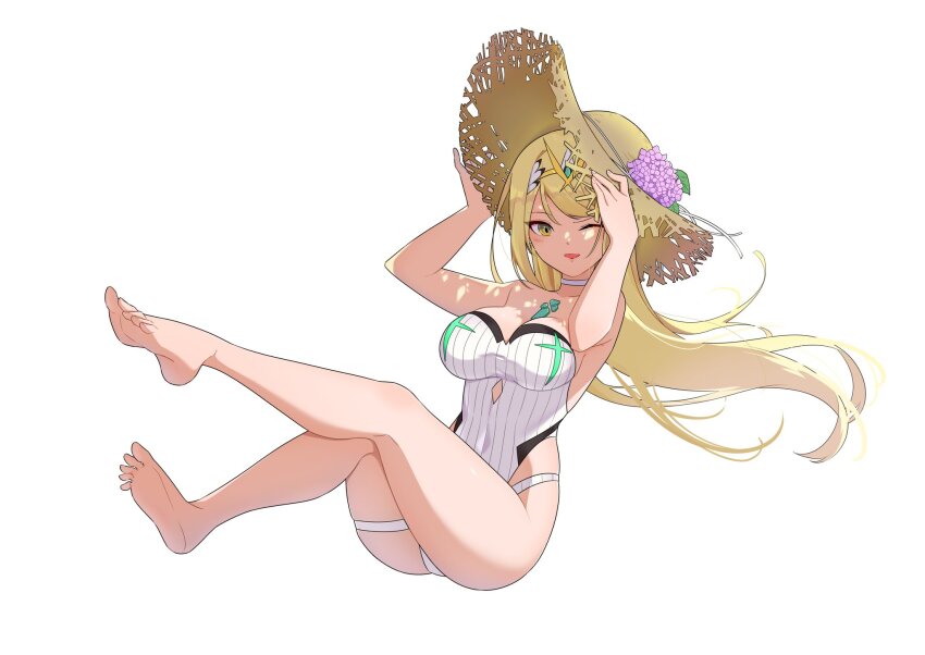 1girl bare_shoulders blonde_hair breasts chest_jewel cleavage collarbone core_crystal_(xenoblade) full_body hat hehe_jun highres long_hair mythra_(xenoblade) one-piece_swimsuit one_eye_closed simple_background solo straw_hat swimsuit tiara white_background white_one-piece_swimsuit xenoblade_chronicles_(series) xenoblade_chronicles_2 yellow_eyes