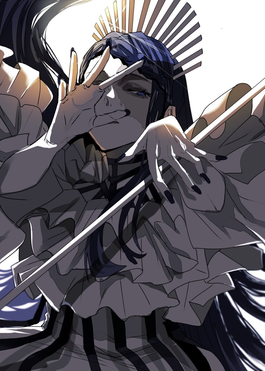1girl ado_(utaite) black_nails blue_hair braid braided_bangs commentary dress floating_hair gira-gira-chan_(ado) gira_gira gunjyou_(gunjyou_00) highres long_hair nail_polish simple_background solo symbol-only_commentary upper_body very_long_hair white_background white_dress