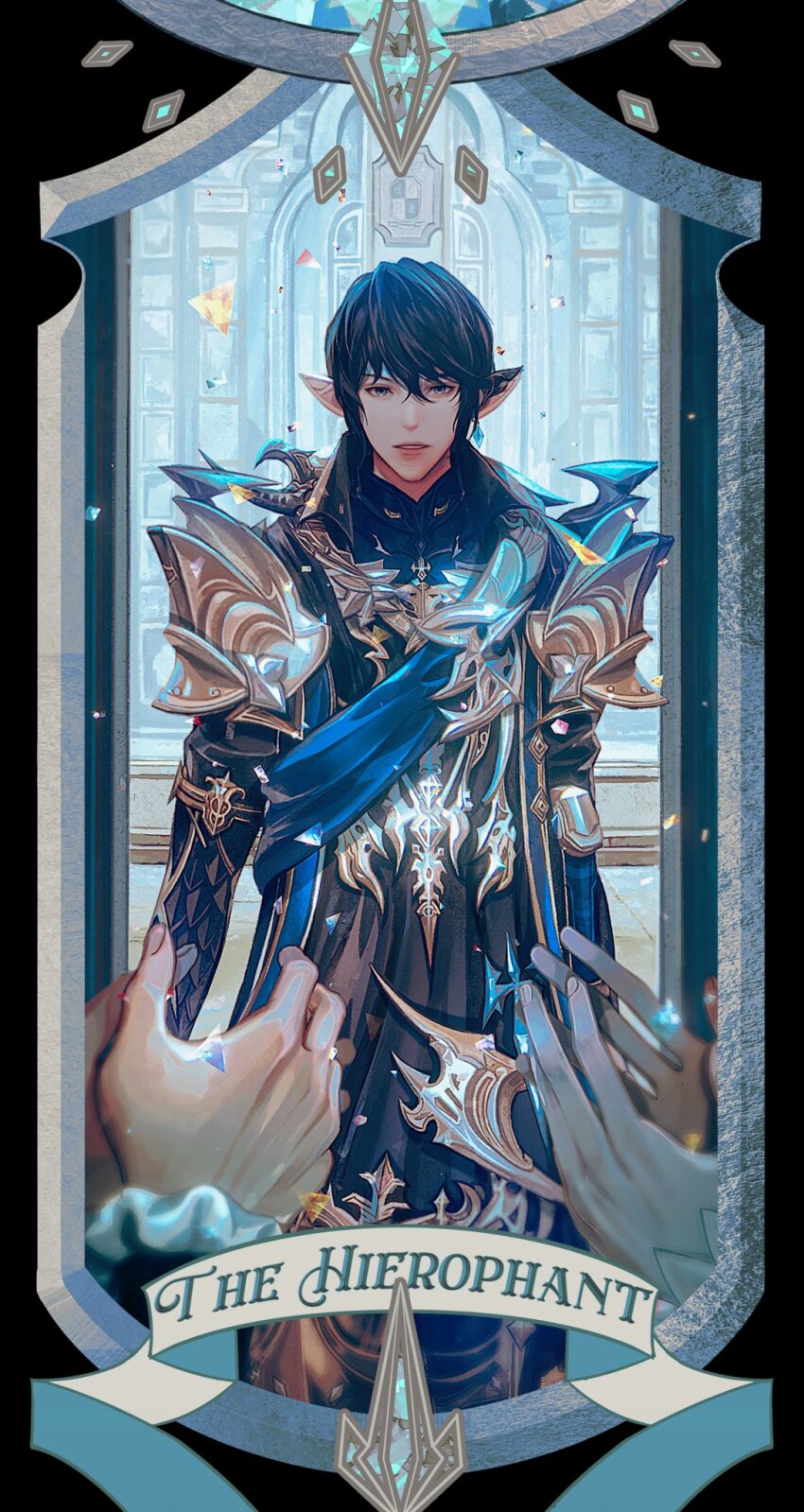 1boy armor arms_at_sides aymeric_de_borel black_border black_hair black_robe blue_sash border card_(medium) clapping commentary cowboy_shot earclip earrings elezen elf english_commentary final_fantasy final_fantasy_xiv grey_eyes highres jewelry jingjue_de_yumiao looking_at_viewer male_focus out_of_frame parted_lips pauldrons pointy_ears pov pov_hands robe sash short_hair shoulder_armor shoulder_sash single_earring solo_focus standing straight-on tarot tarot_(medium) temple_knight_(final_fantasy_xiv) the_hierophant_(tarot)