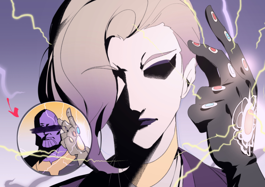 2boys blonde_hair censored commentary_request electricity fishee_(fisheem4mmal) gloves gradient_hair hand_up censored_identity infinity_gauntlet male_focus marvel multicolored_hair multiple_boys purple_background purple_hair shaded_face short_hair snapping_fingers solo thanos twisted_wonderland vil_schoenheit