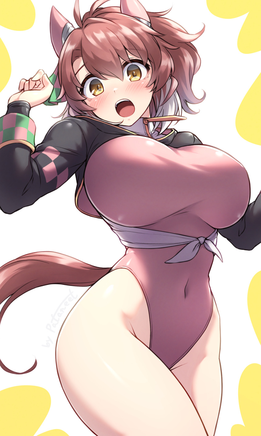 1girl adapted_costume ahoge animal_ears bare_legs black_jacket blush breasts brown_eyes brown_hair checkered_ribbon commentary covered_navel cowboy_shot cropped_jacket dantsu_flame_(umamusume) ear_covers highleg highleg_leotard highres horse_ears horse_girl horse_tail jacket large_breasts leotard nose_blush open_mouth pataneet pink_leotard solo surprised tail umamusume