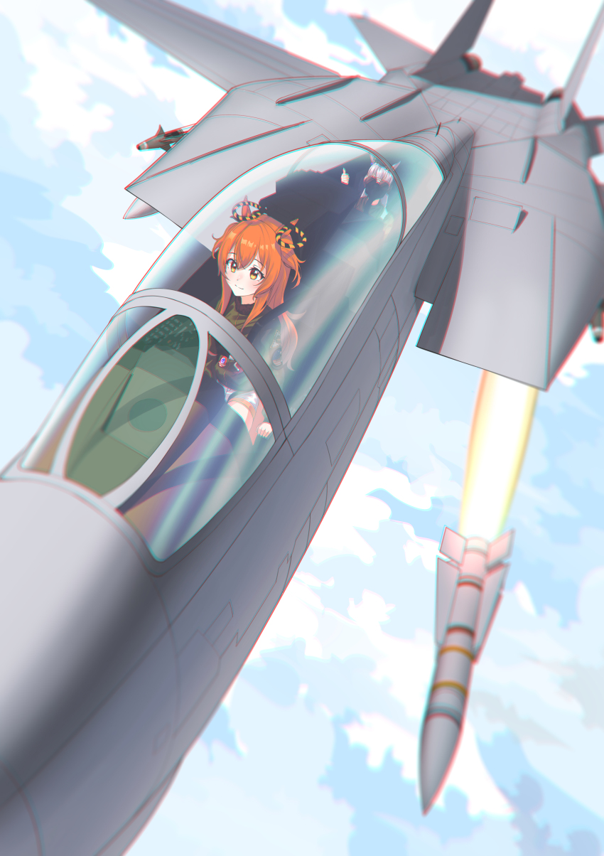 2girls absurdres aim-54_phoenix aim-9_sidewinder aircraft airplane animal_ears cloud f-14 f-14_tomcat fighter_jet gold_ship_(umamusume) green_jacket hair_between_eyes highres horse_ears horse_girl jacket long_hair long_sleeves mask mayano_top_gun_(umamusume) military military_vehicle missile multiple_girls orange_eyes orange_hair orange_tail short_shorts shorts sitting skimun sky smile sunglasses thumbs_up top_gun two_side_up umamusume white_shorts