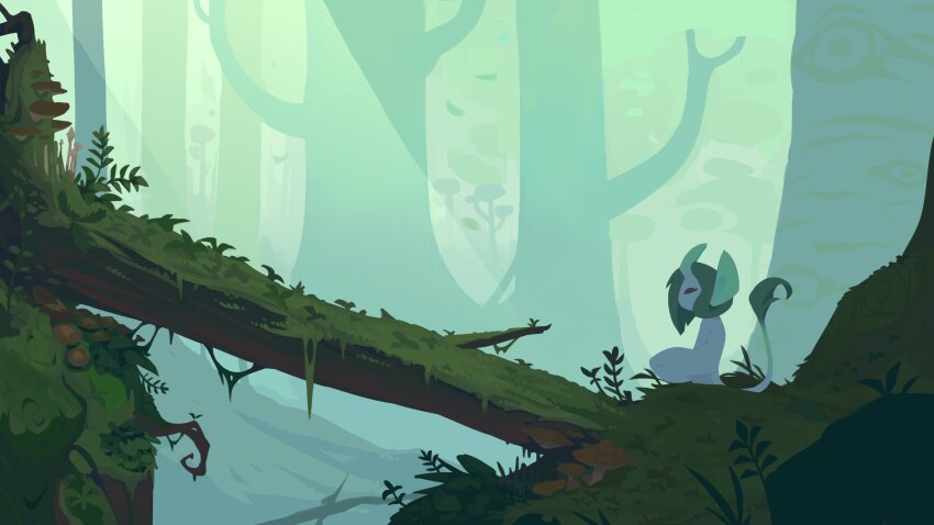1girl closed_eyes colored_skin commentary completely_nude cow_tail english_commentary fallen_tree fern forest green_hair green_horns green_theme highres horns huffslove imp landscape log medium_hair moss mushroom nature nude original outdoors plant plant_roots pointy_ears profile purple_skin scenery seiza sitting tail tree