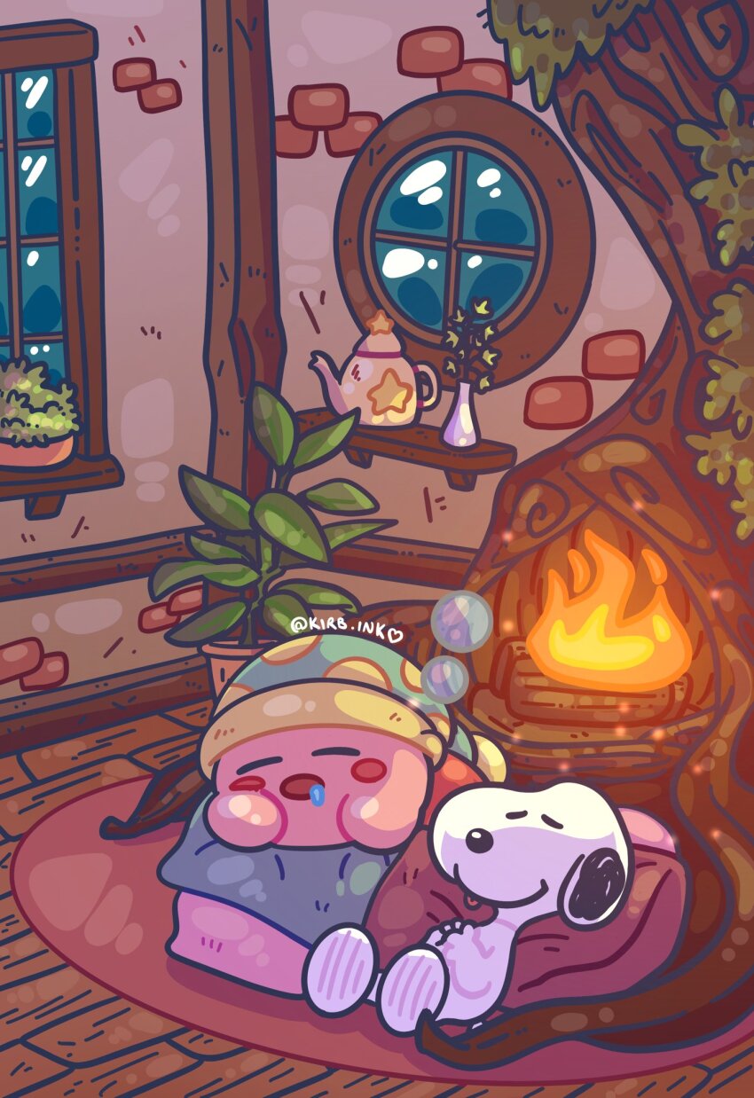 aimaay artist_name closed_eyes closed_mouth commentary english_commentary highres interior kirby kirby_(series) nintendo open_mouth peanuts_(comic) plant sleeping snoopy teapot