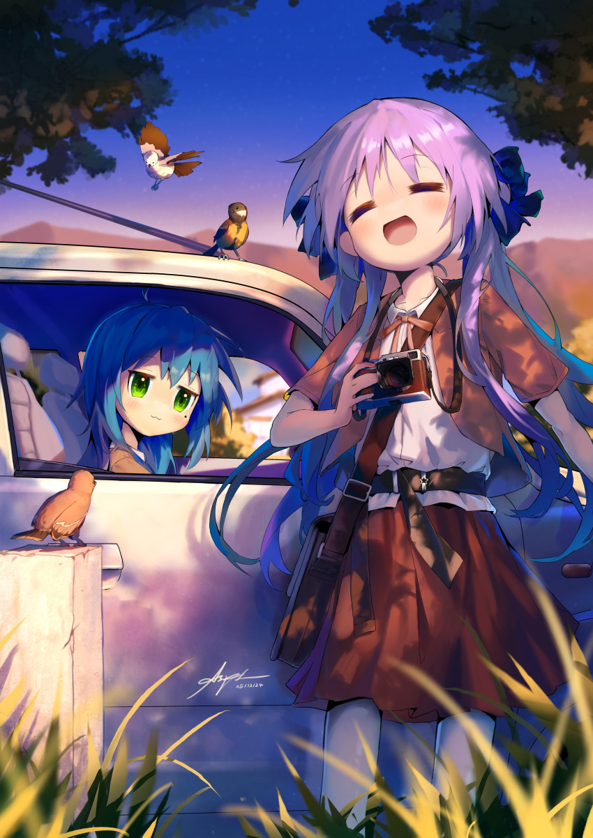 2girls :3 :d =_= absurdres ap04astral bird blue_hair blue_sky blurry blurry_foreground camera car clear_sky commentary_request cowboy_shot dated_commentary depth_of_field grass green_eyes highres hiiragi_kagami holding holding_camera izumi_konata jacket jitome long_hair looking_at_another lucky_star motor_vehicle mountainous_horizon multiple_girls neck_ribbon open_mouth outdoors pantyhose red_jacket red_ribbon red_skirt ribbon shirt sitting skirt sky smile standing tree white_pantyhose white_shirt