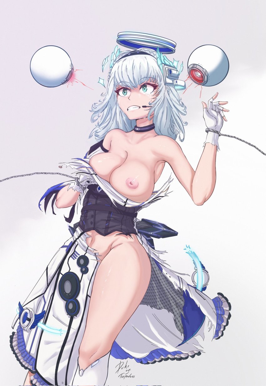 black_choker breasts chain choker cleavage covering_privates covering_breasts dress floating floating_object gloves highres kamishiro_rita large_breasts nipples one_breast_out prism_project surprised tears thick_thighs thighs torn_clothes torn_dress virtual_youtuber