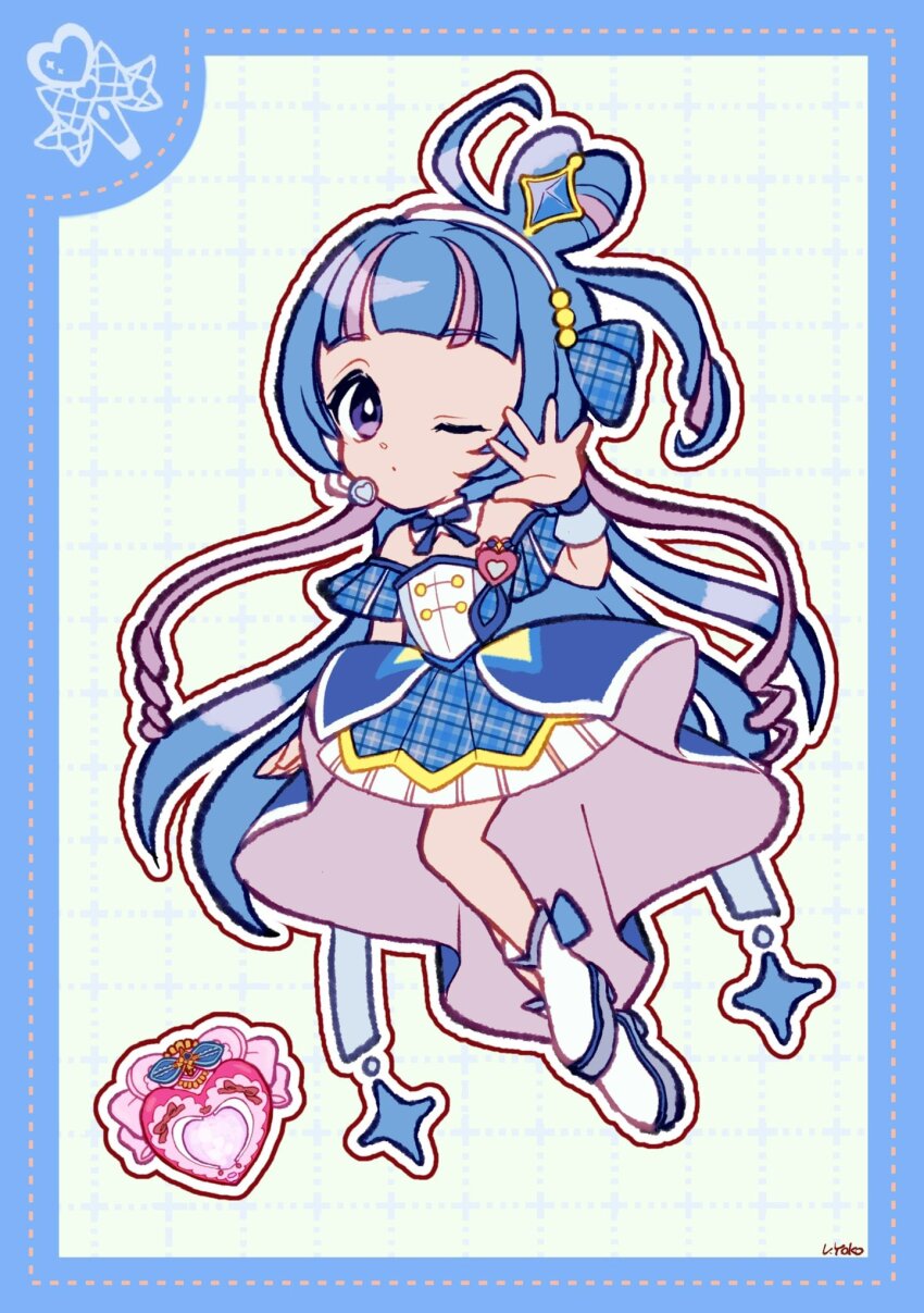 1girl ;o aokaze_nana bare_shoulders blue_border blue_bow blue_bowtie blue_dress blue_gemstone blue_hair blue_ribbon blue_skirt blue_wrist_cuffs blunt_bangs boots border bow bowtie bright_pupils brooch collar cure_wink deformed detached_collar diamond_hair_ornament dot_nose dotted_line dress expressionless eyelashes footwear_bow frilled_dress frilled_wrist_cuffs frills full_body gem grey_background grid_background hair_bobbles hair_bun hair_ornament hair_ribbon hairband hand_up headset heart heart-shaped_hair heart_brooch high_collar highres jewelry kimi_to_idol_precure long_hair long_skirt looking_at_viewer magical_girl multicolored_hair off-shoulder_dress off_shoulder one_eye_closed outline parted_lips plaid_clothes plaid_dress plaid_ribbon pleated_sleeves precure purple_eyes purple_hair ribbon short_dress short_sleeves showgirl_skirt signature single_side_bun skirt solo streaked_hair tareme two-sided_fabric two-sided_skirt two-tone_hair unmoving_pattern uwded_207 very_long_hair waving white_boots white_collar white_hairband white_outline white_pupils white_skirt wrist_cuffs
