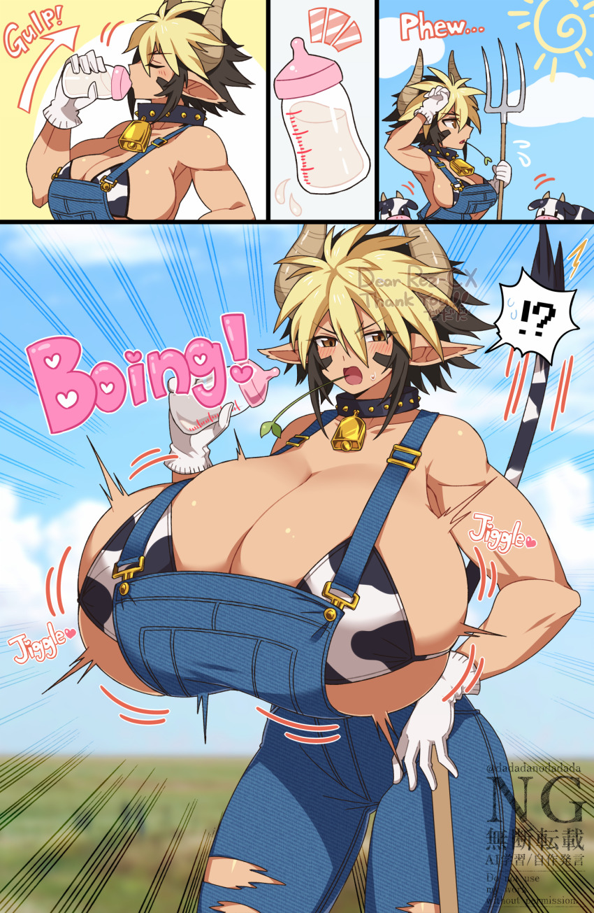 1girl blush bottle breast_expansion breasts cathyl cleavage cow_horns cow_print cow_print_bikini cow_tail cowbell dadadanoda female_focus gigantic_breasts gloves highres horns looking_at_viewer milk_bottle monster_musume_no_iru_nichijou multicolored_hair muscular muscular_female overalls pitchfork pointy_ears print_bikini short_hair solo tail two-tone_hair